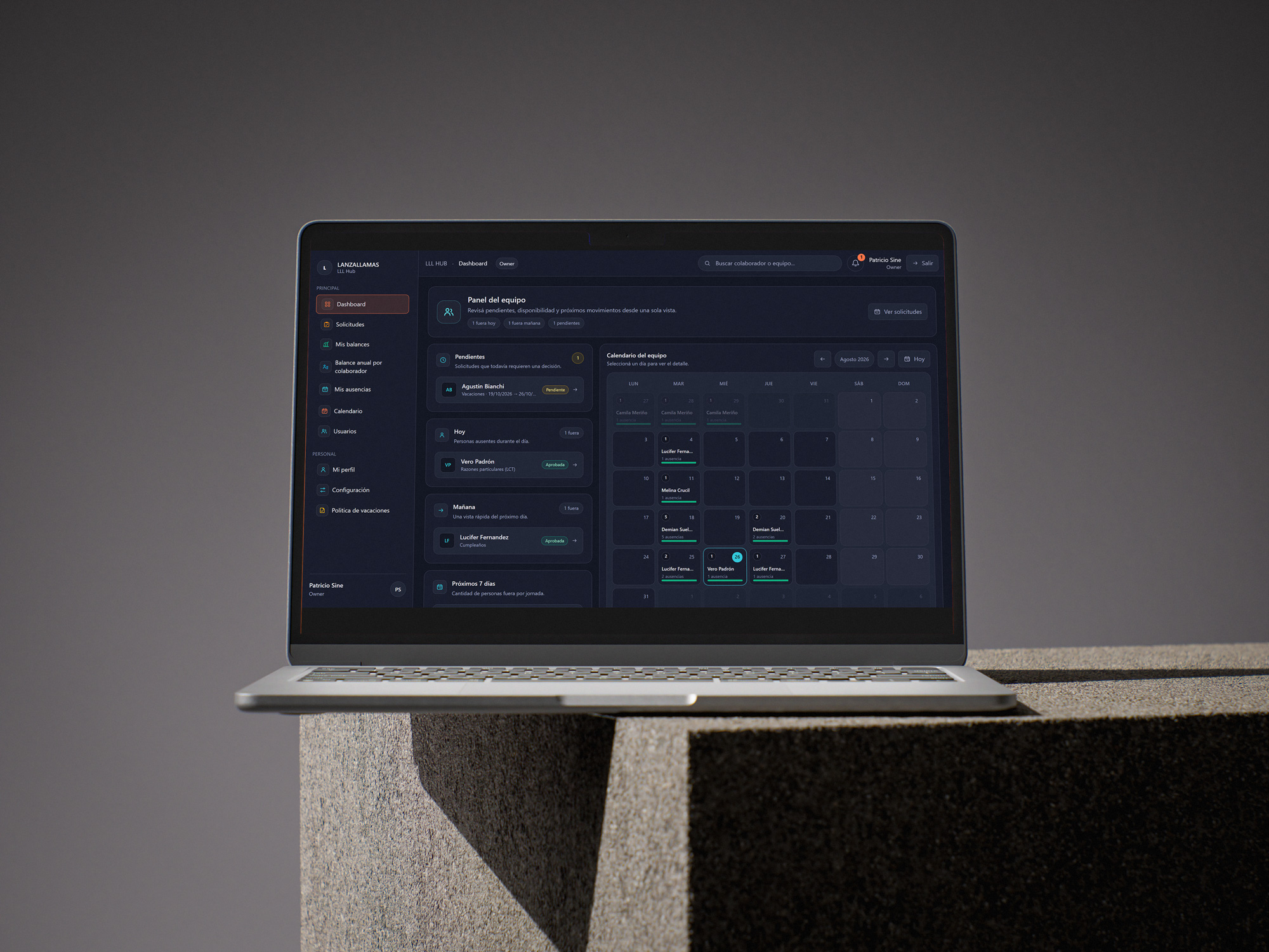 Mockup del dashboard y calendario del equipo en LLL Hub