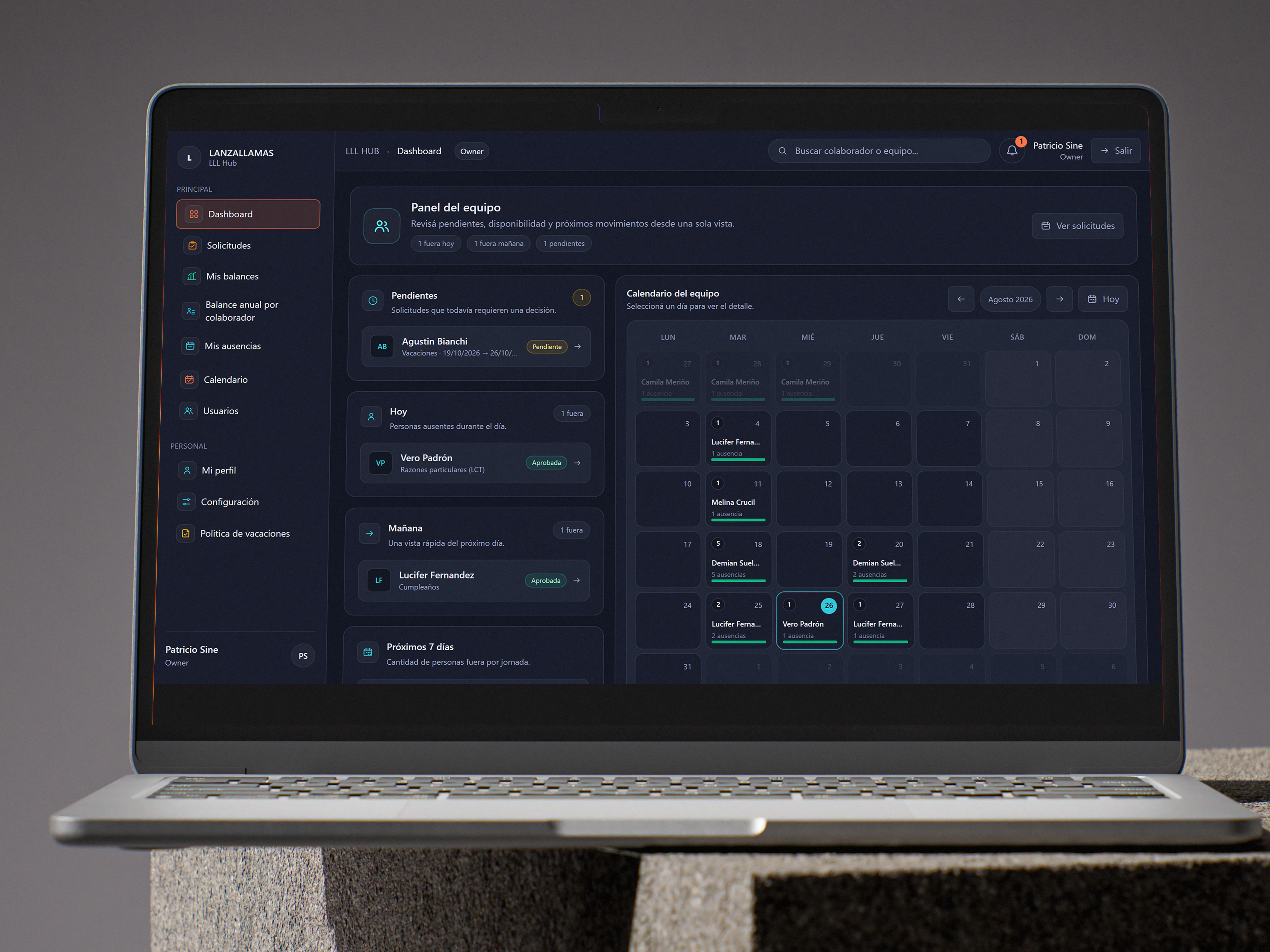 Mockup frontal del panel de equipo y calendario de LLL Hub